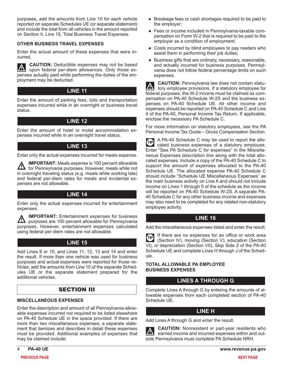 Form PA-40 Schedule UE Allowable Employee Business Expenses - Pennsylvania, Page 6