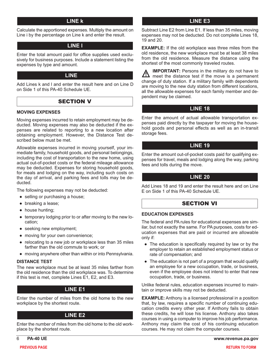 Form PA-40 Schedule UE Allowable Employee Business Expenses - Pennsylvania, Page 8