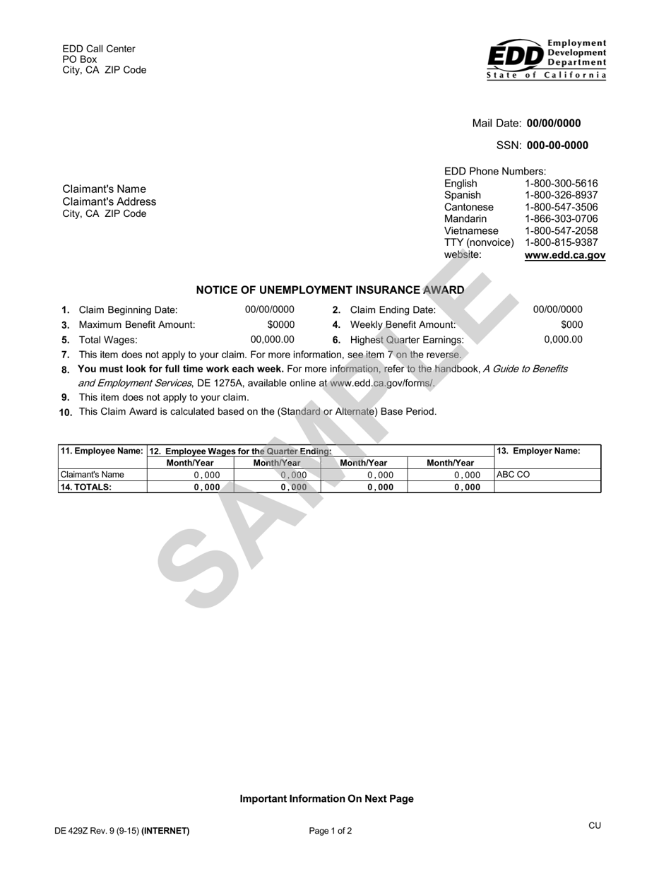 Sample Form DE429Z Notice of Unemployment Insurance Award - California, Page 1