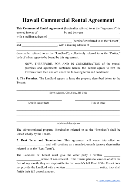 &quot;Commercial Rental Agreement Template&quot; - Hawaii Download Pdf