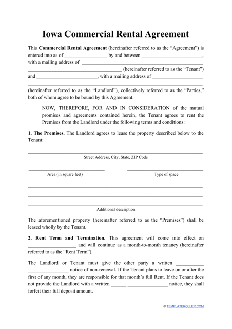 Commercial Rental Agreement Template - Iowa