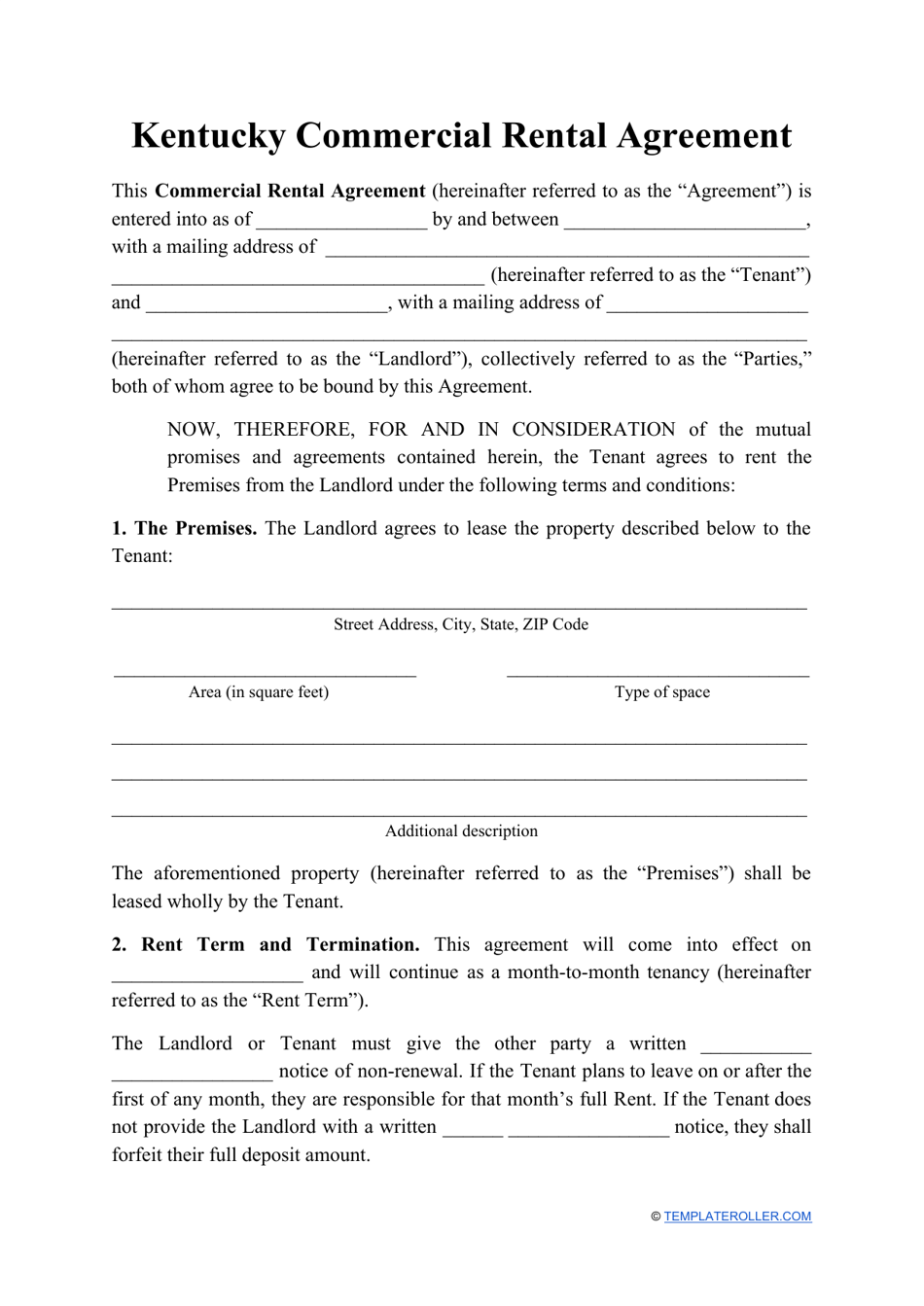 Commercial Rental Agreement Template - Kentucky, Page 1