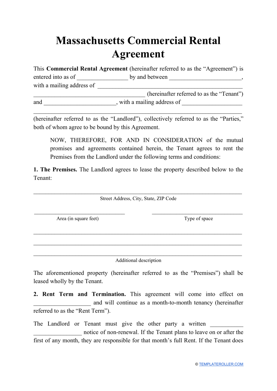 Commercial Rental Agreement Template - Massachusetts, Page 1