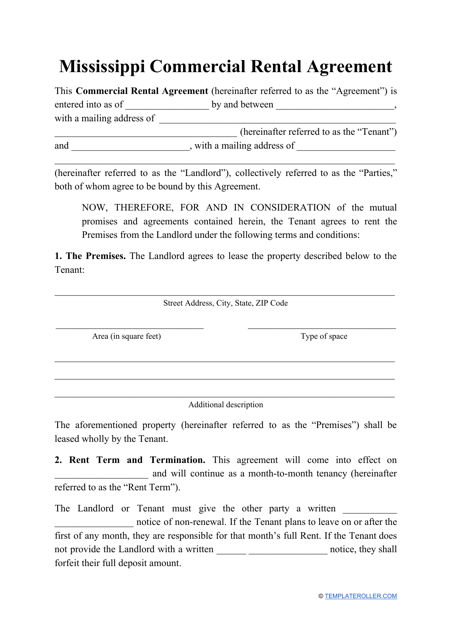 Commercial Rental Agreement Template - Mississippi