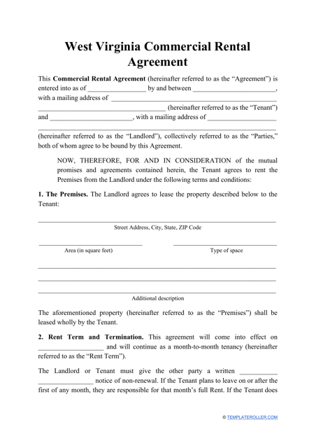 Commercial Rental Agreement Template - West Virginia