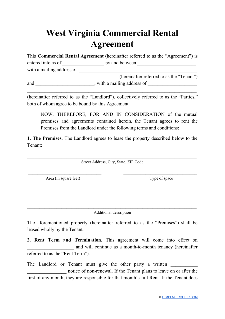 Commercial Rental Agreement Template - West Virginia, Page 1