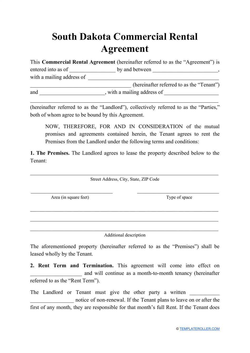Commercial Rental Agreement Template - South Dakota, Page 1