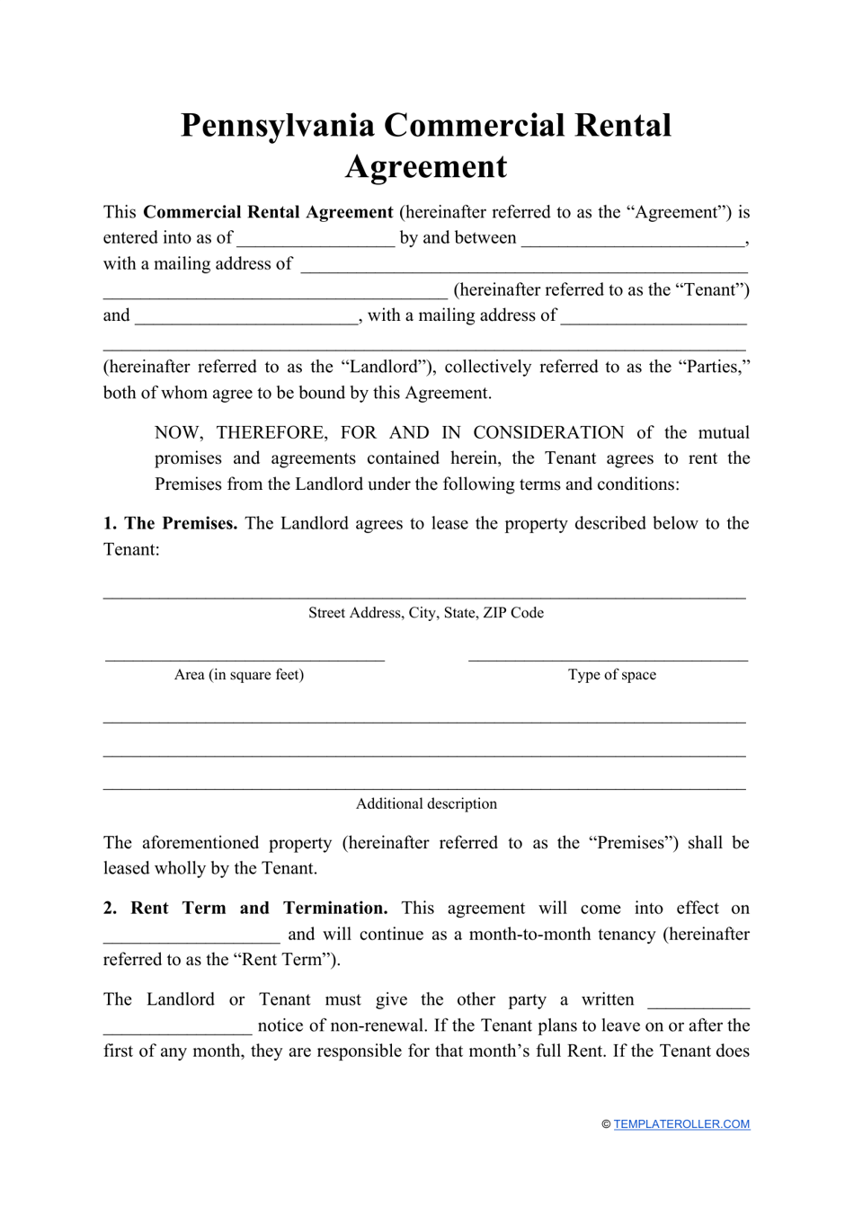 Commercial Rental Agreement Template - Pennsylvania, Page 1