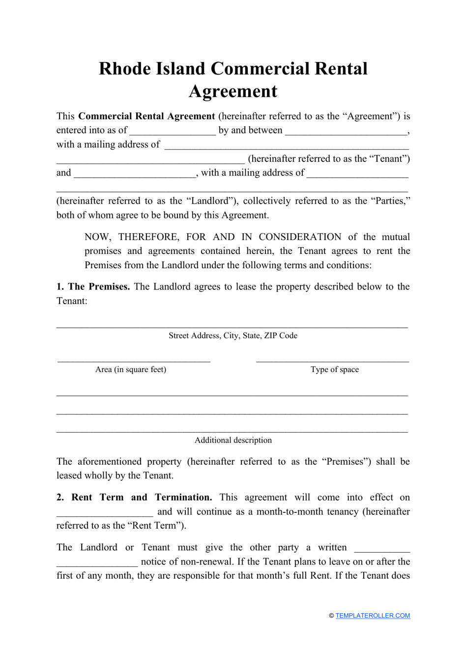 Commercial Rental Agreement Template - Rhode Island, Page 1