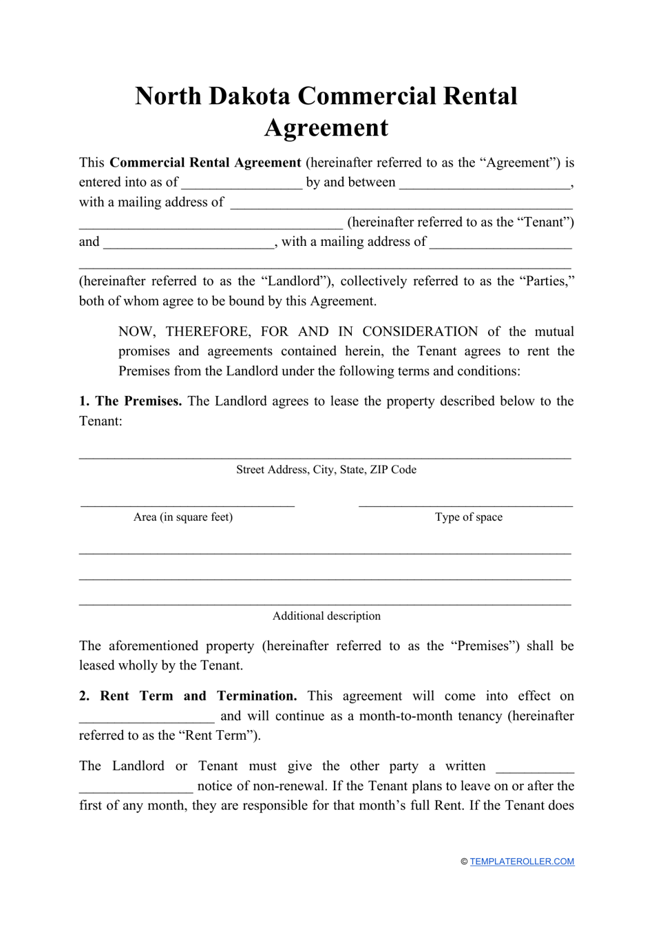 North Dakota Commercial Rental Agreement Template Fill Out, Sign