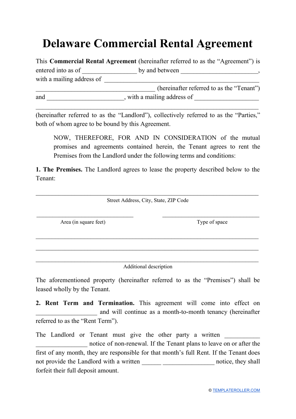 Commercial Rental Agreement Template - Delaware, Page 1