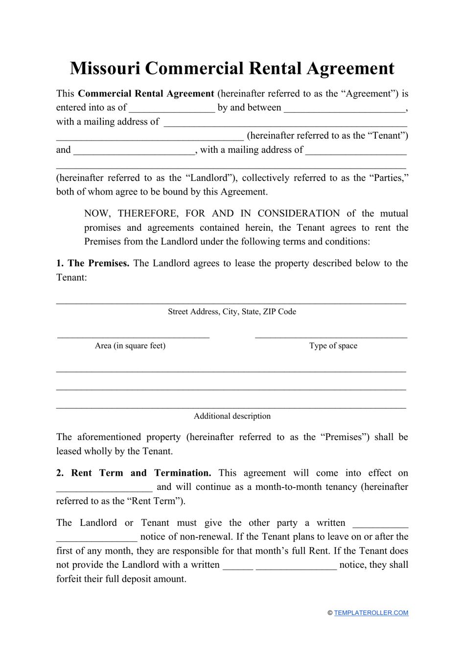 Commercial Rental Agreement Template - Missouri, Page 1
