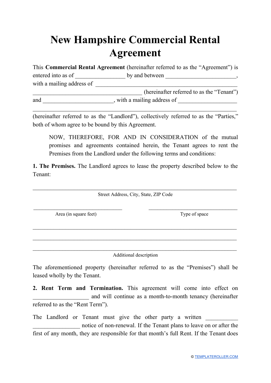 Commercial Rental Agreement Template - New Hampshire, Page 1