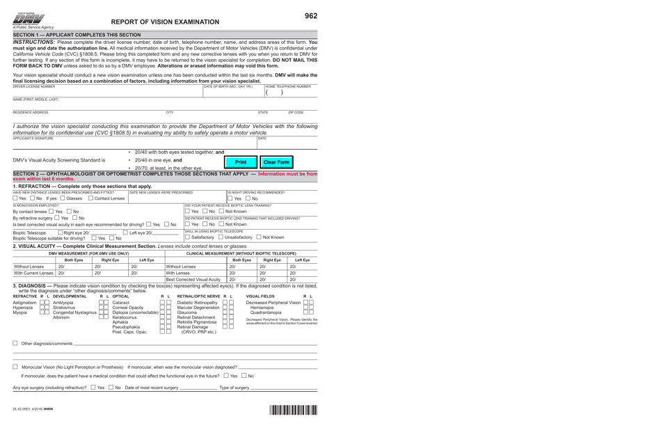 Form DL62 Download Fillable PDF or Fill Online Report of Vision Examination California