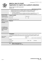 Form 6 Application to Inquire Into a Patient&#039;s Detention - Queensland, Australia