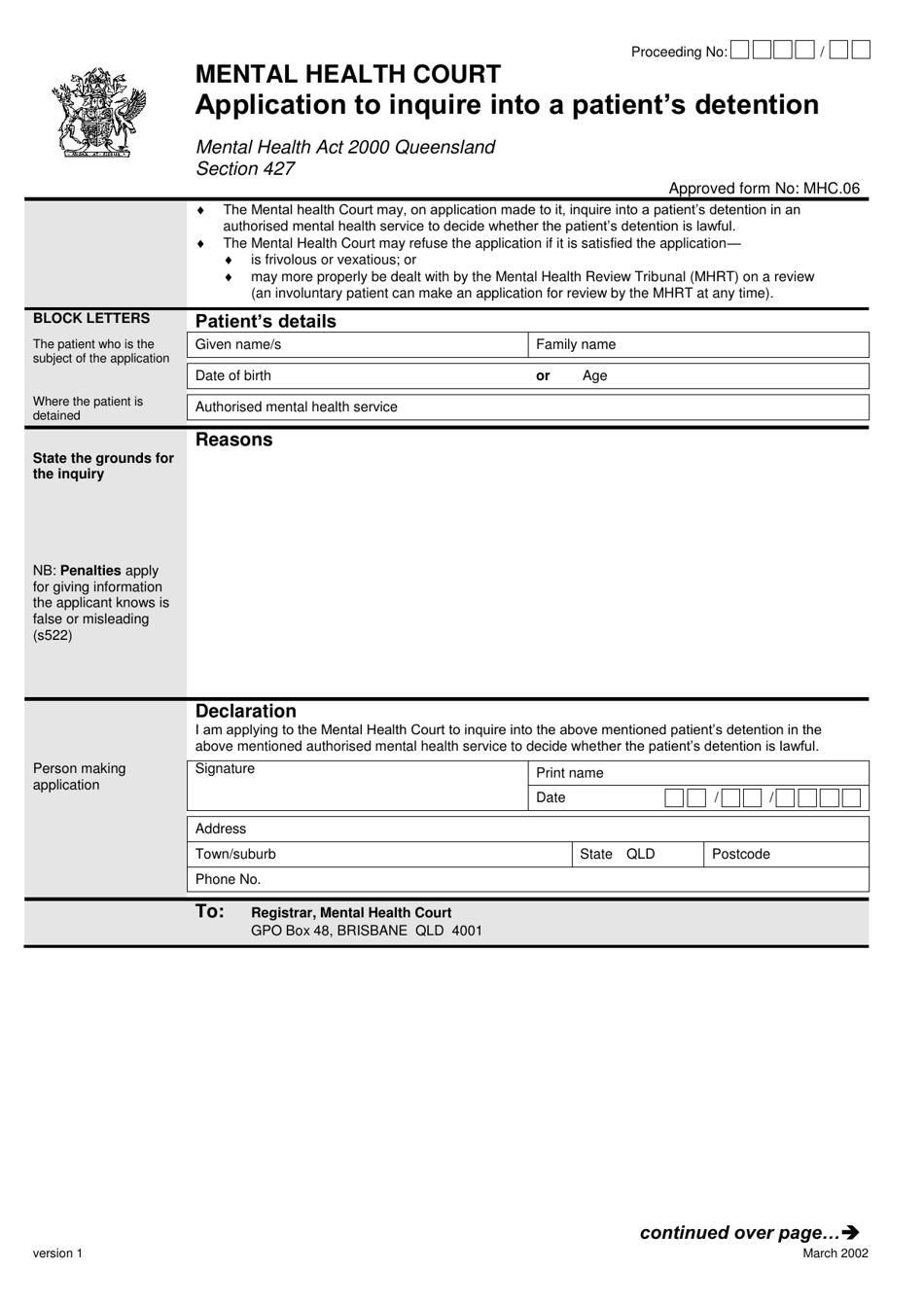 Form 6 Application to Inquire Into a Patients Detention - Queensland, Australia, Page 1