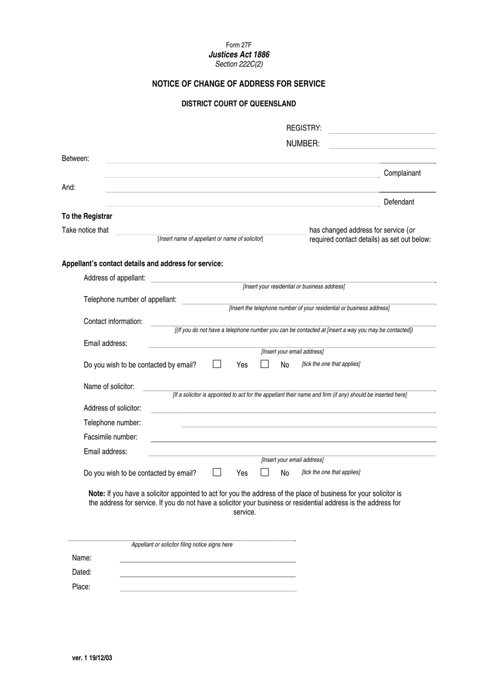 Form 27F Notice of Change of Address for Service - Queensland, Australia, Page 1