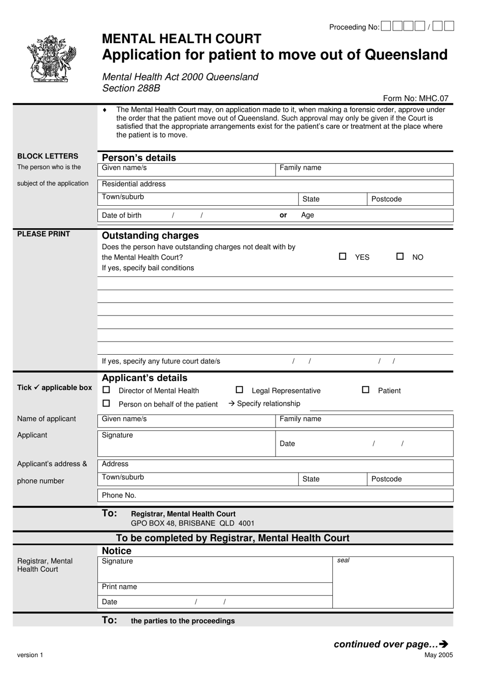 Form 7 Application for Patient to Move out of Queensland - Queensland, Australia, Page 1