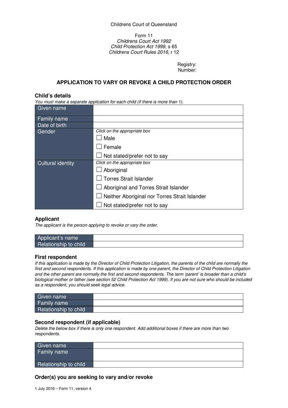 Form 11 Application to Vary or Revoke a Child Protection Order - Queensland, Australia, Page 1