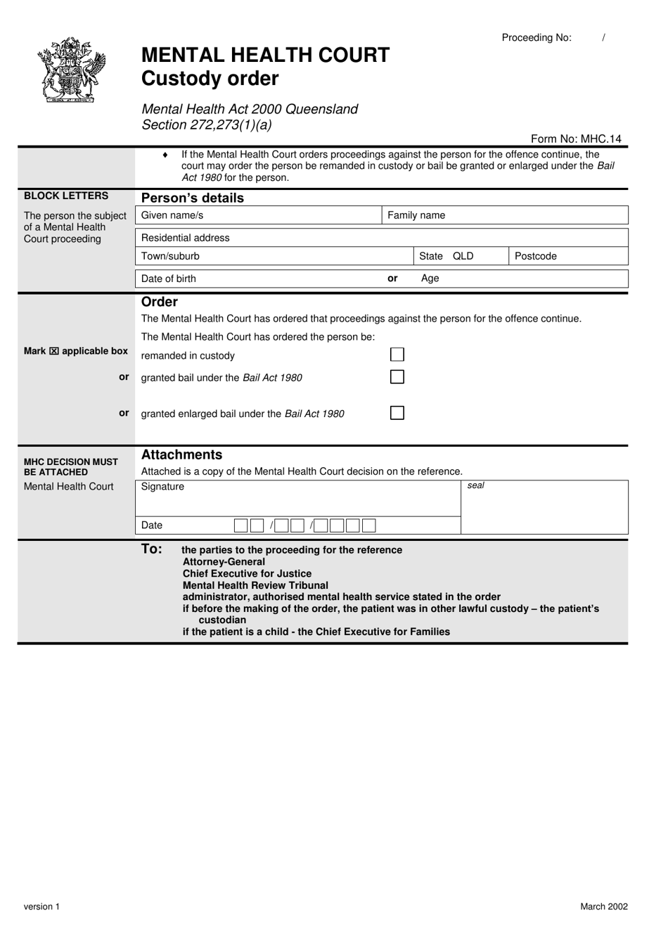 Form MHC.14 Custody Order - Queensland, Australia, Page 1