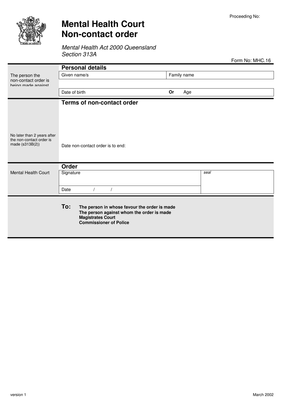 Form MHC.16 Non-contact Order - Queensland, Australia, Page 1