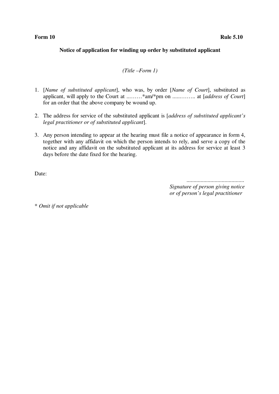 Form 10 Notice of Application for Winding up Order by Substituted Applicant - Queensland, Australia, Page 1