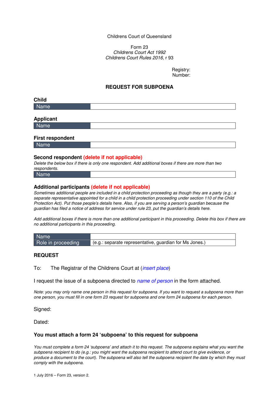 Form 23 Request for Subpoena - Queensland, Australia, Page 1