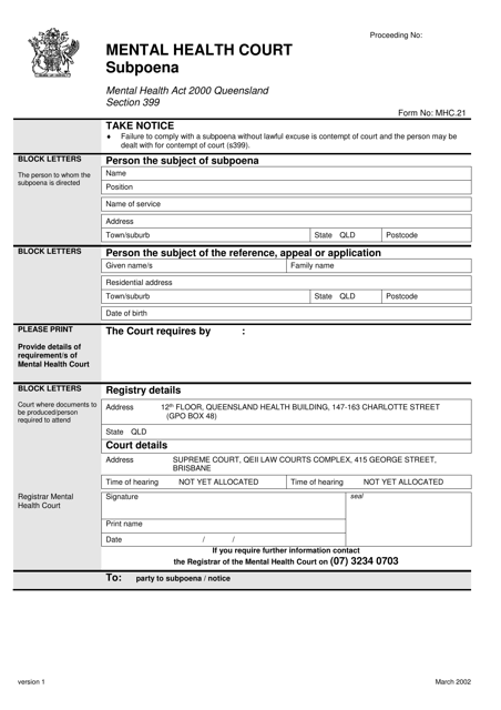 Form 21 Subpoena - Queensland, Australia