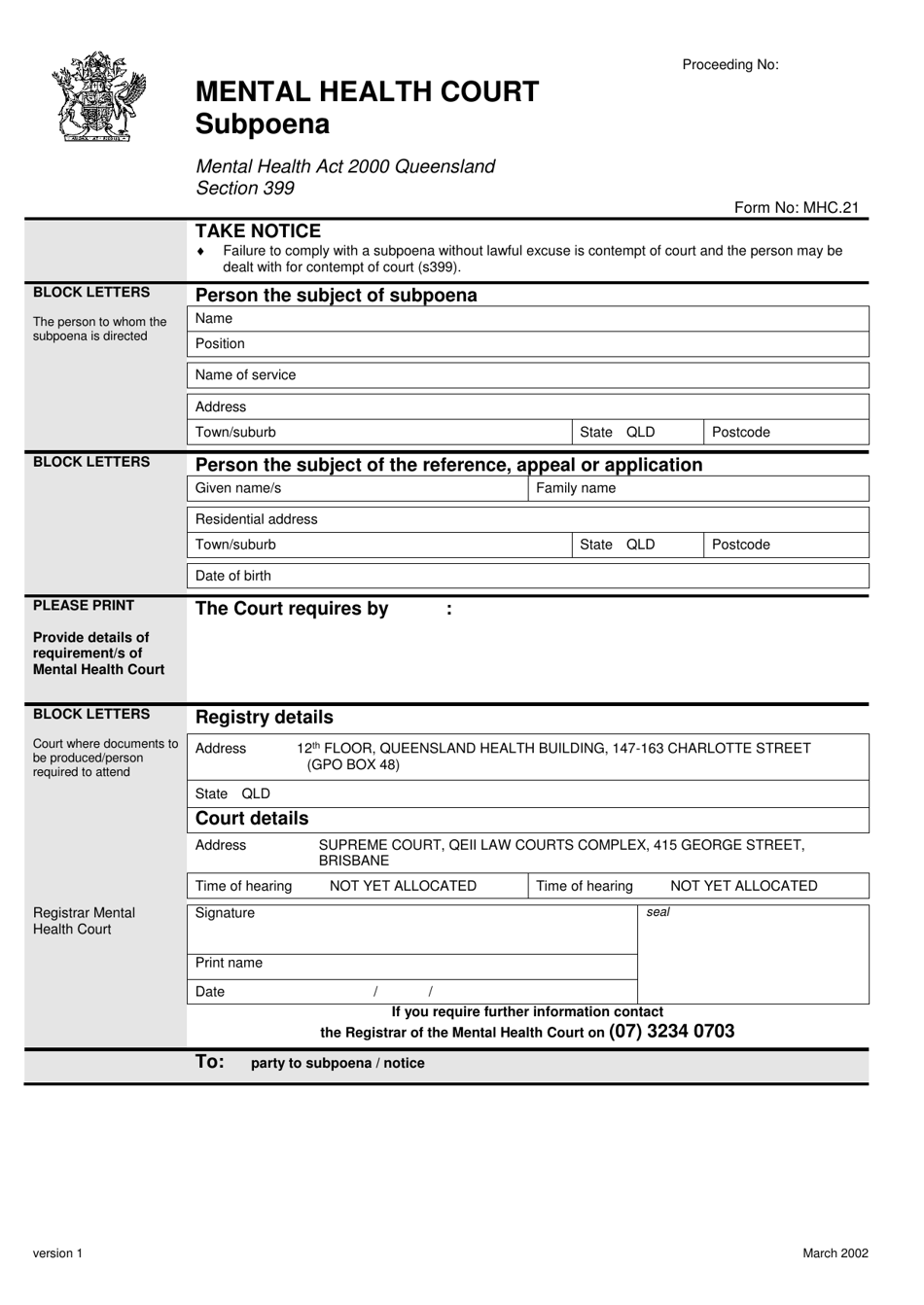 Form 21 Subpoena - Queensland, Australia, Page 1