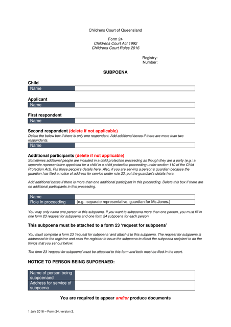 Form 24 Subpoena - Queensland, Australia