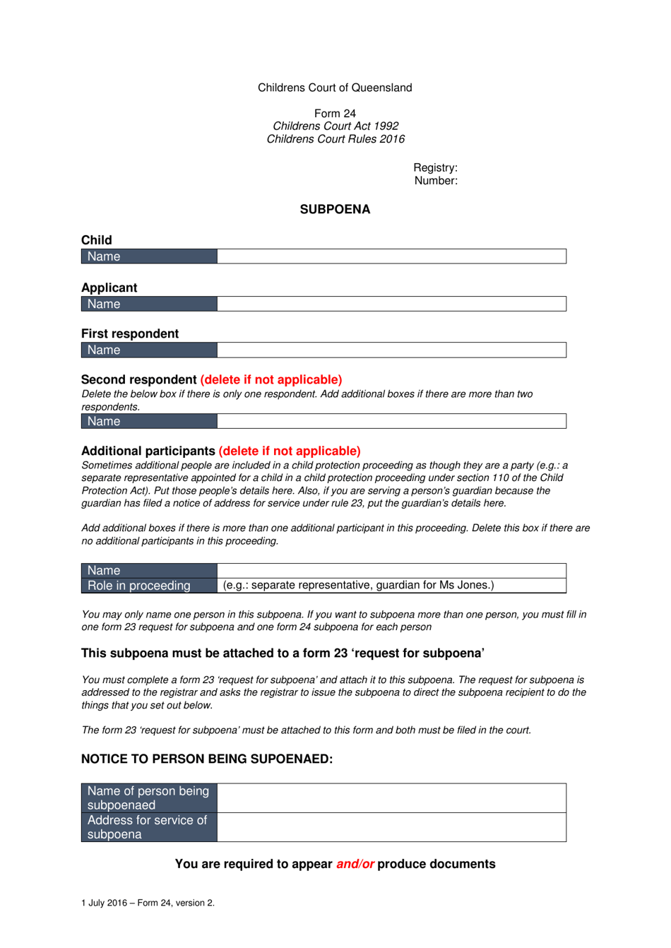 Form 24 Subpoena - Queensland, Australia, Page 1