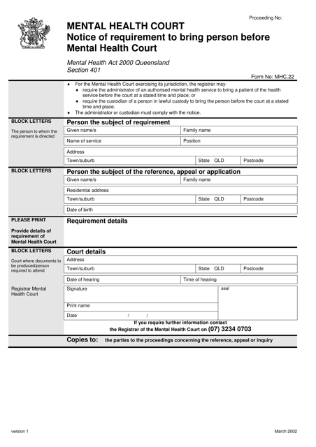Form 22 Notice of Requirement to Bring Person Before Mental Health Court - Queensland, Australia