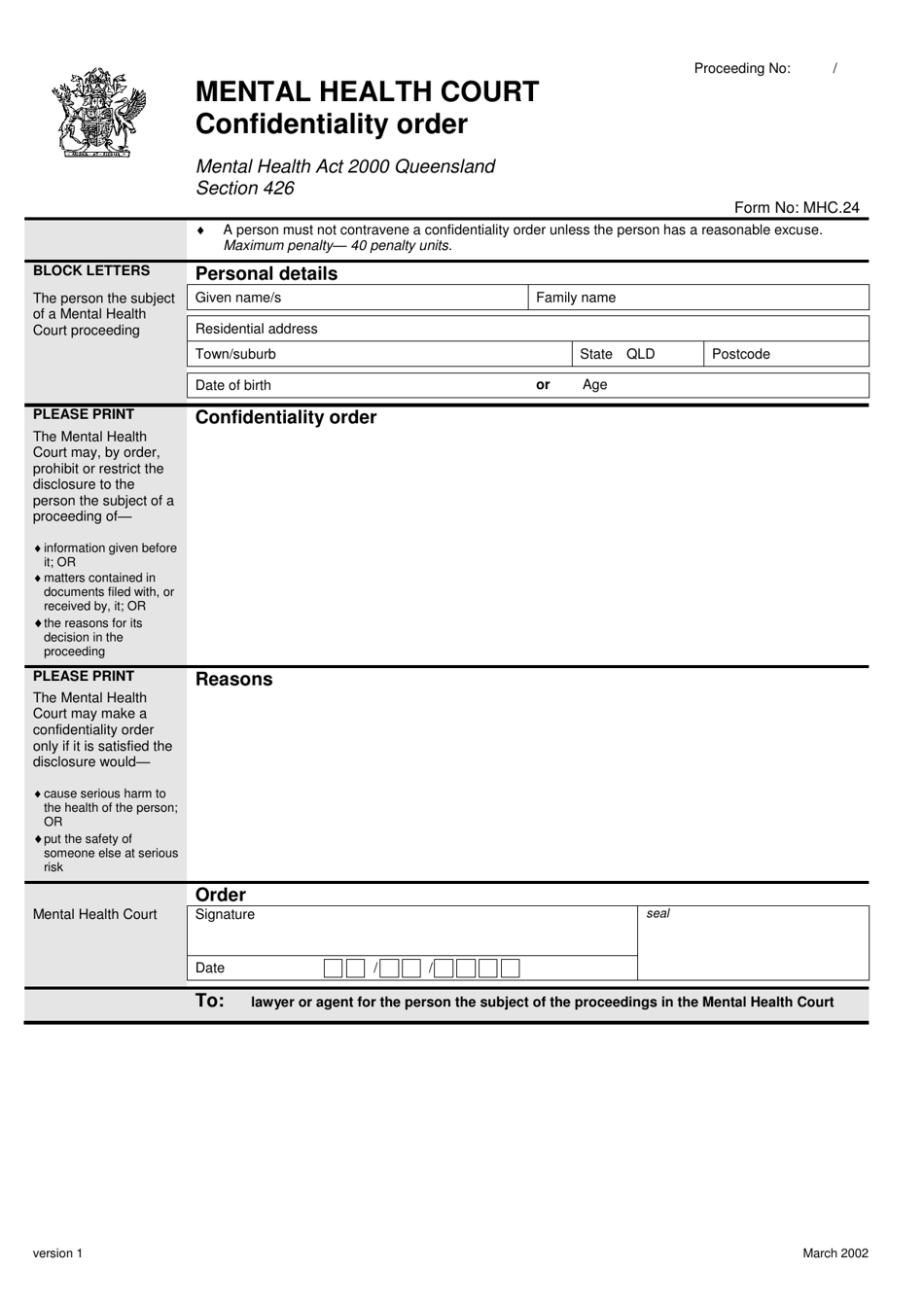 Form 24 Confidentiality Order - Queensland, Australia, Page 1
