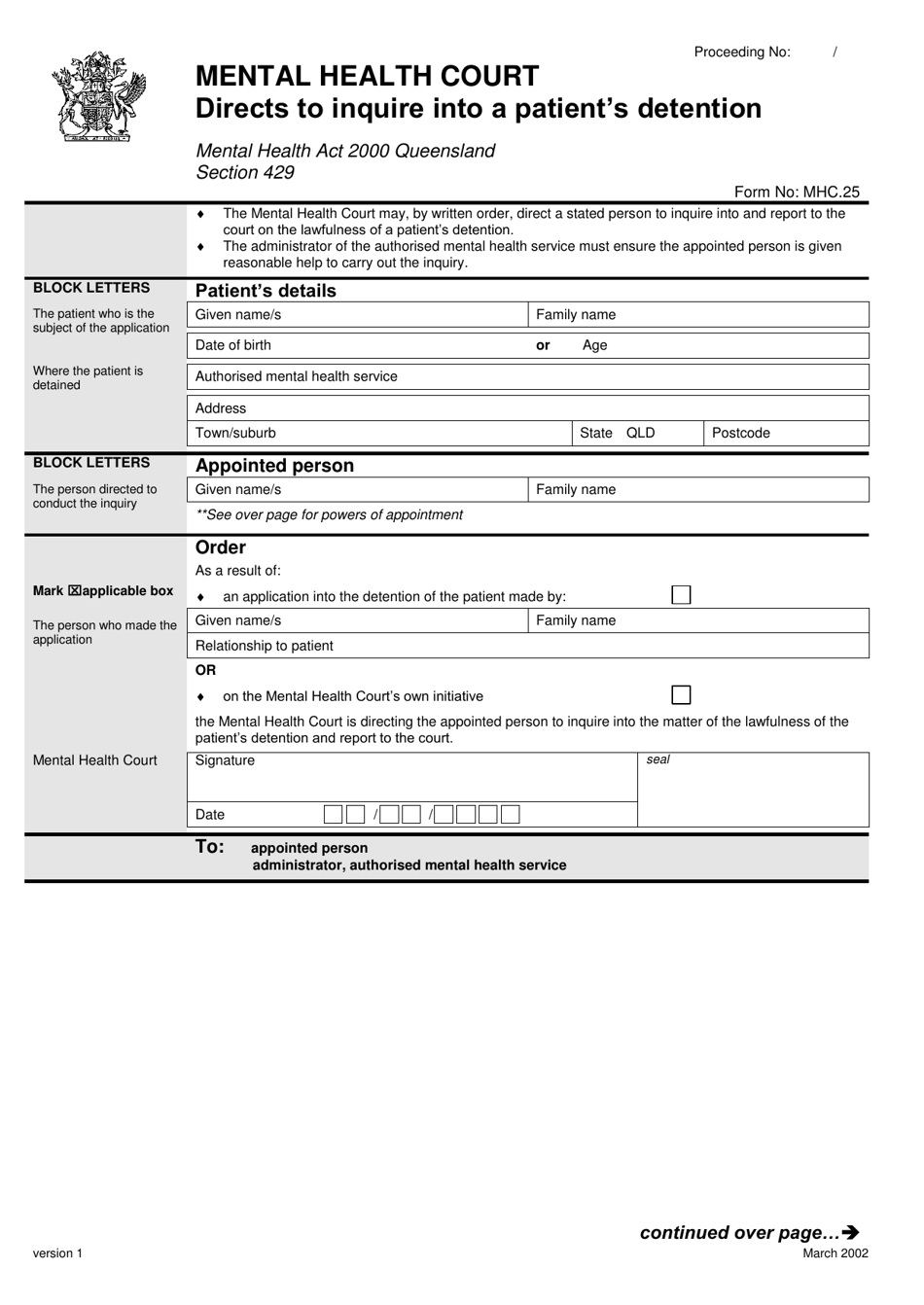 Form 25 Directs to Inquire Into a Patients Detention - Queensland, Australia, Page 1