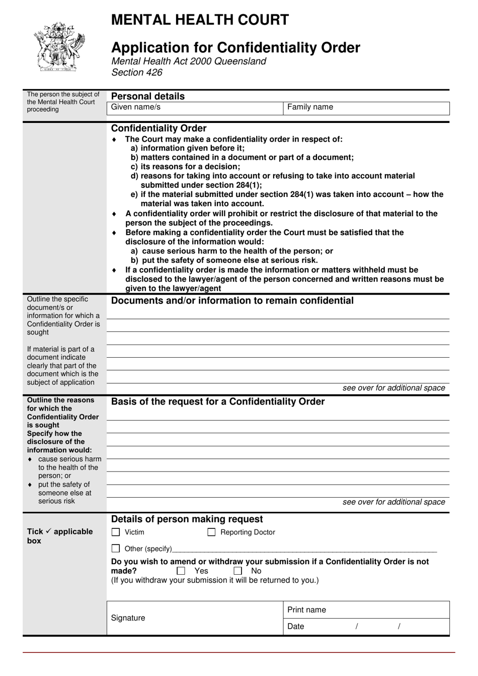 Form 32 Application for Confidentiality Order - Queensland, Australia, Page 1