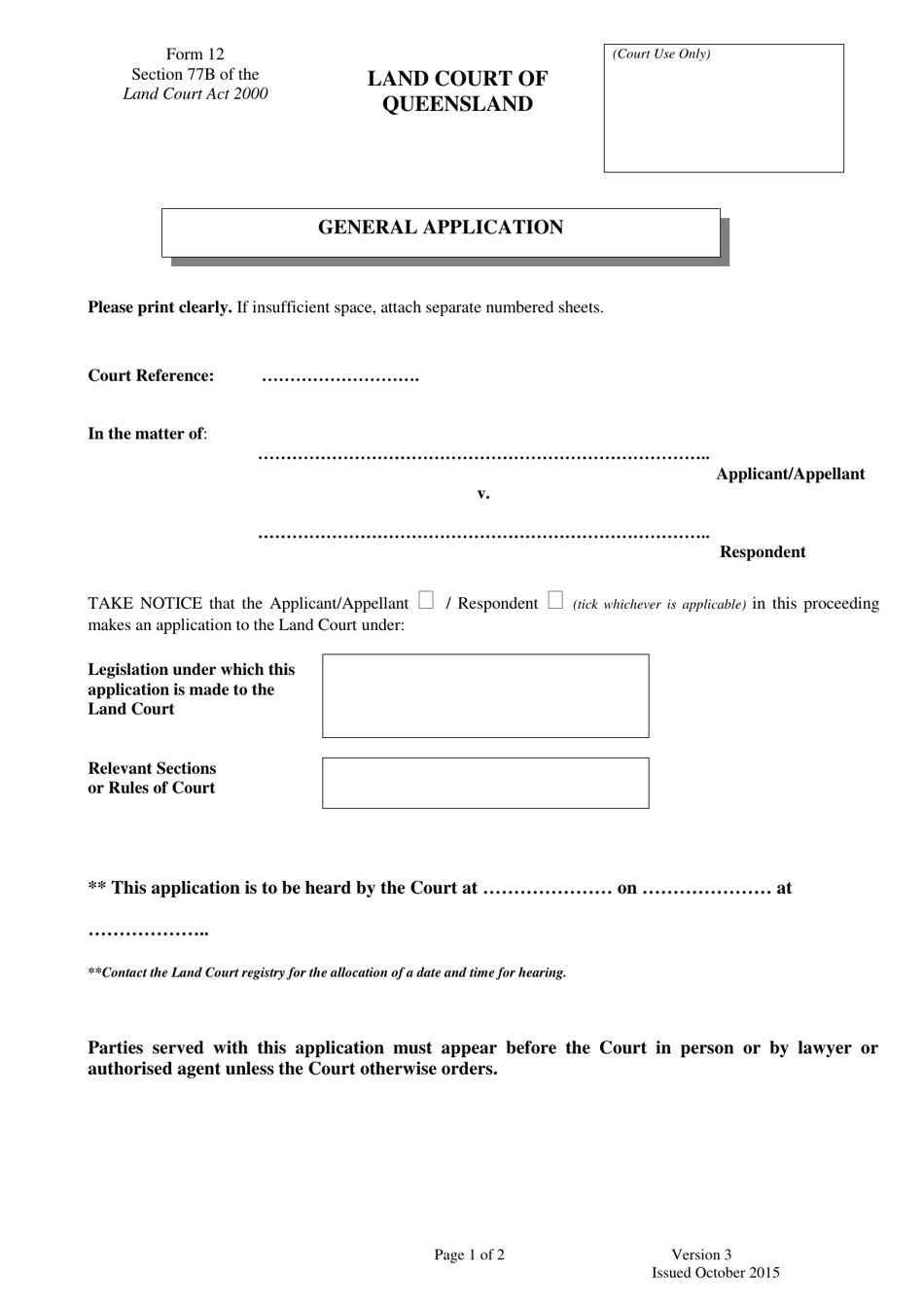 Form 12 General Application - Queensland, Australia, Page 1