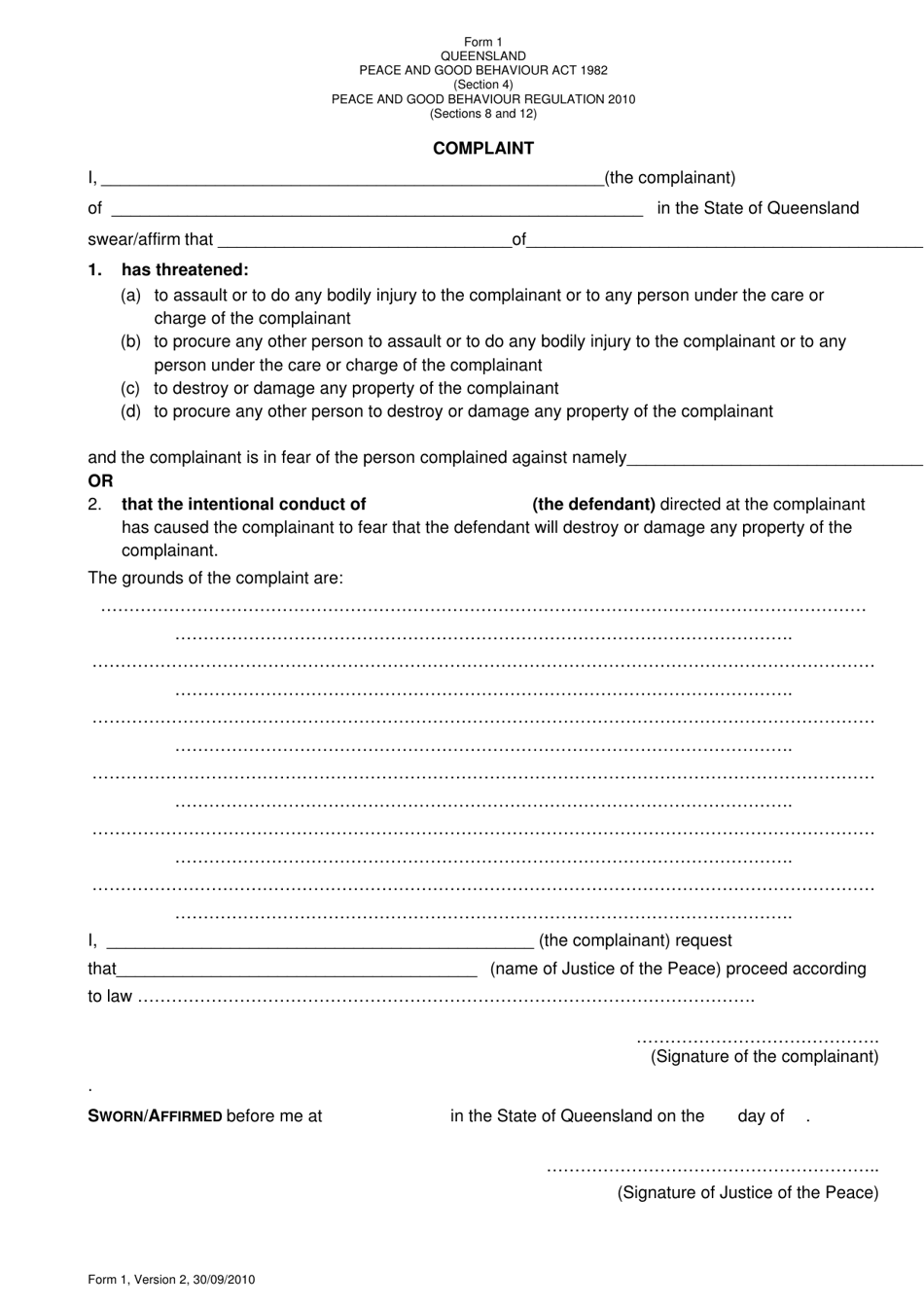 Form 1 Download Printable PDF Or Fill Online Complaint Queensland ...