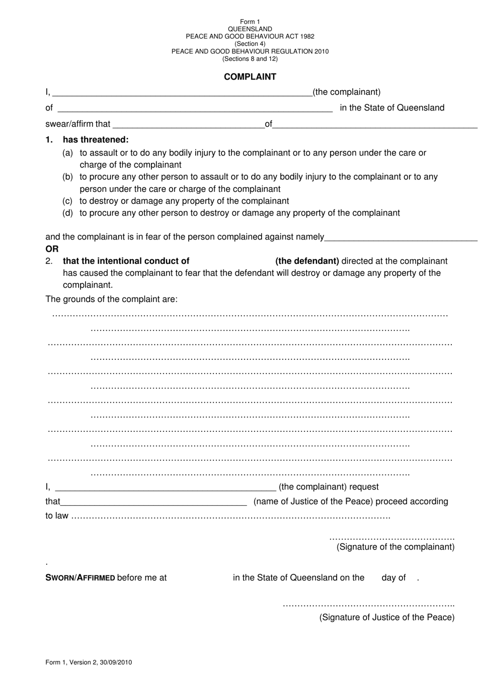 Form 1 Complaint - Queensland, Australia, Page 1