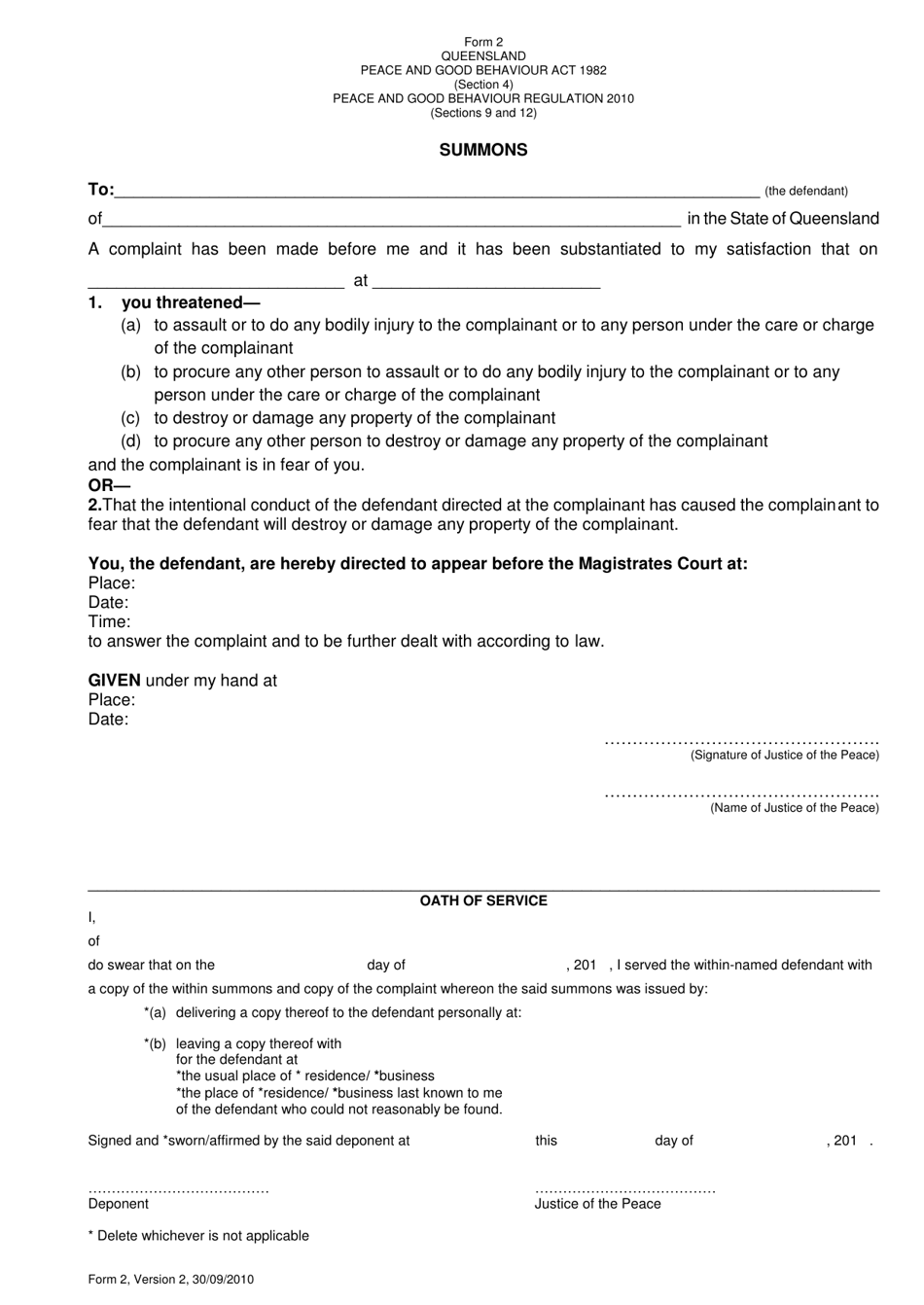 Form 2 Summons - Queensland, Australia, Page 1