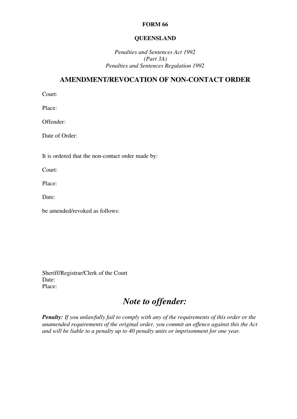 Form 66 Amendment / Revocation of Non-contact Order - Queensland, Australia, Page 1
