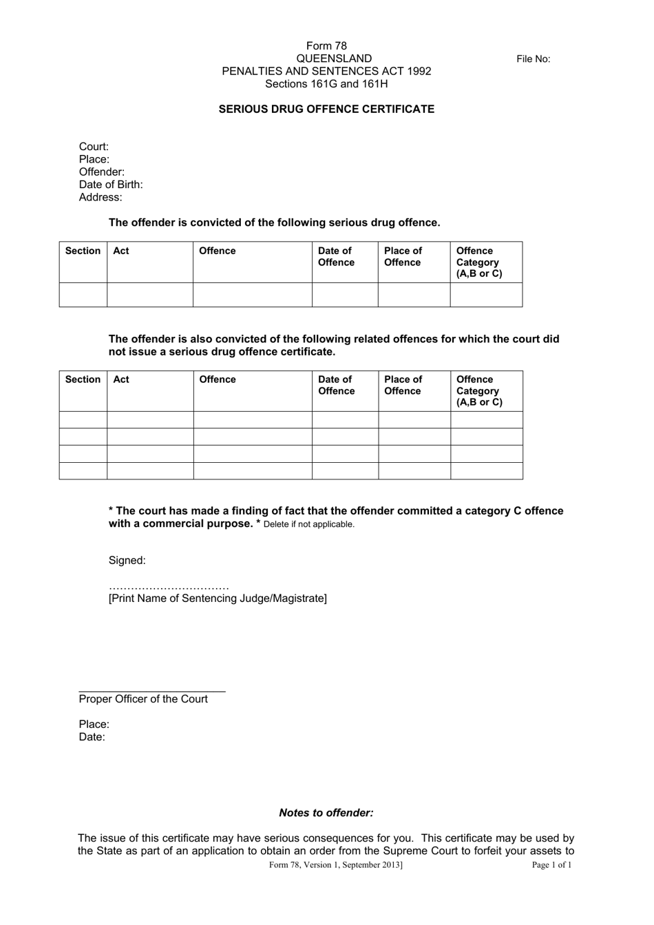 Form 78 Serious Drug Offence Certificate - Queensland, Australia, Page 1