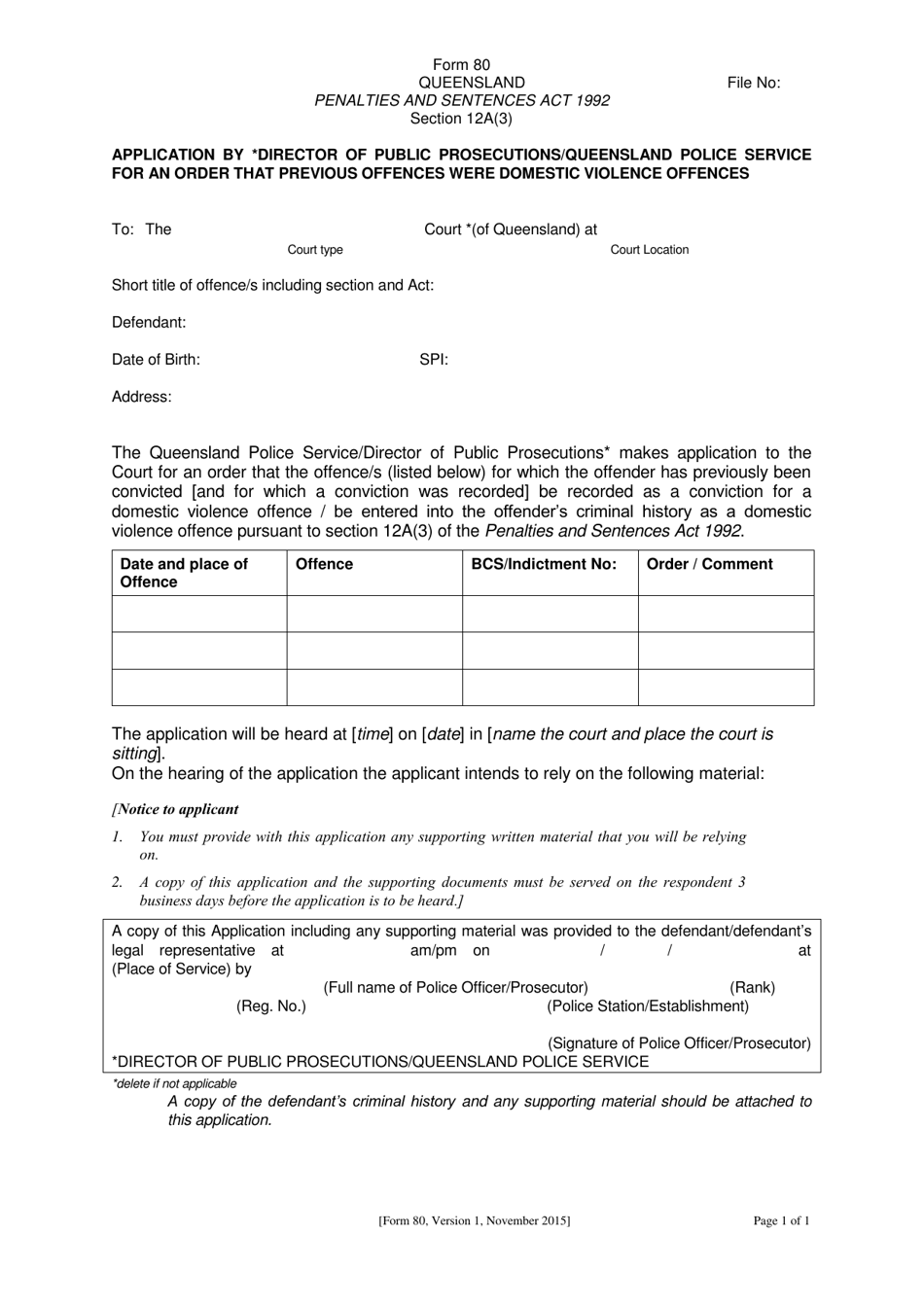 Form 80 Application by *director of Public Prosecutions / Queensland Police Service for an Order That Previous Offences Were Domestic Violence Offences - Queensland, Australia, Page 1
