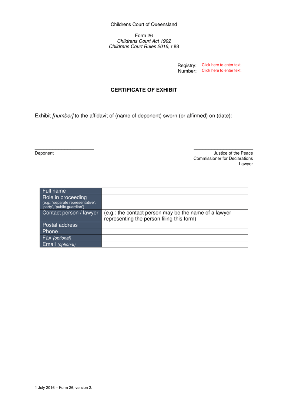 Form 26 Certificate of Exhibit - Queensland, Australia, Page 1