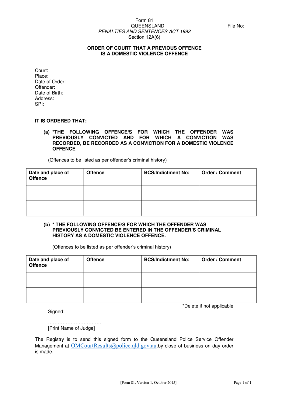 Form 81 Order of Court That a Previous Offence Is a Domestic Violence Offence - Queensland, Australia, Page 1