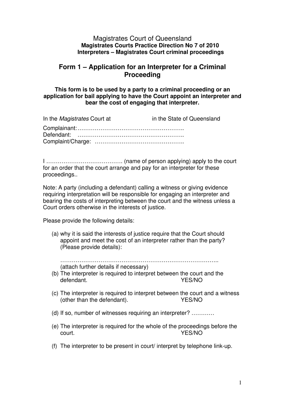Form 1 Application for an Interpreter for a Criminal Proceeding - Queensland, Australia, Page 1