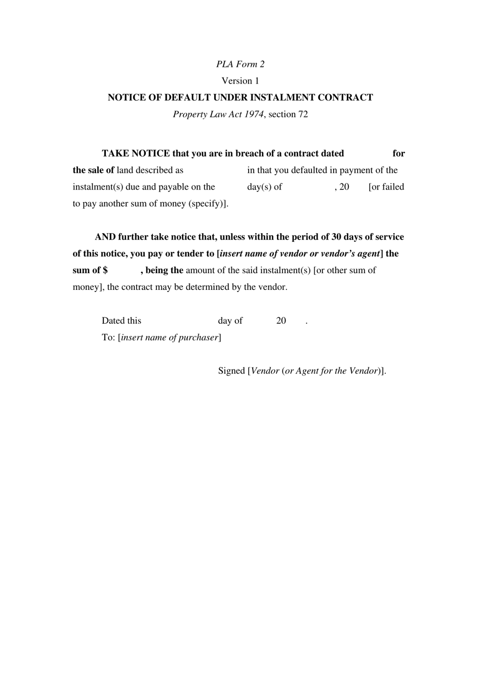 Form 2 Notice of Default Under Instalment Contract - Queensland, Australia, Page 1