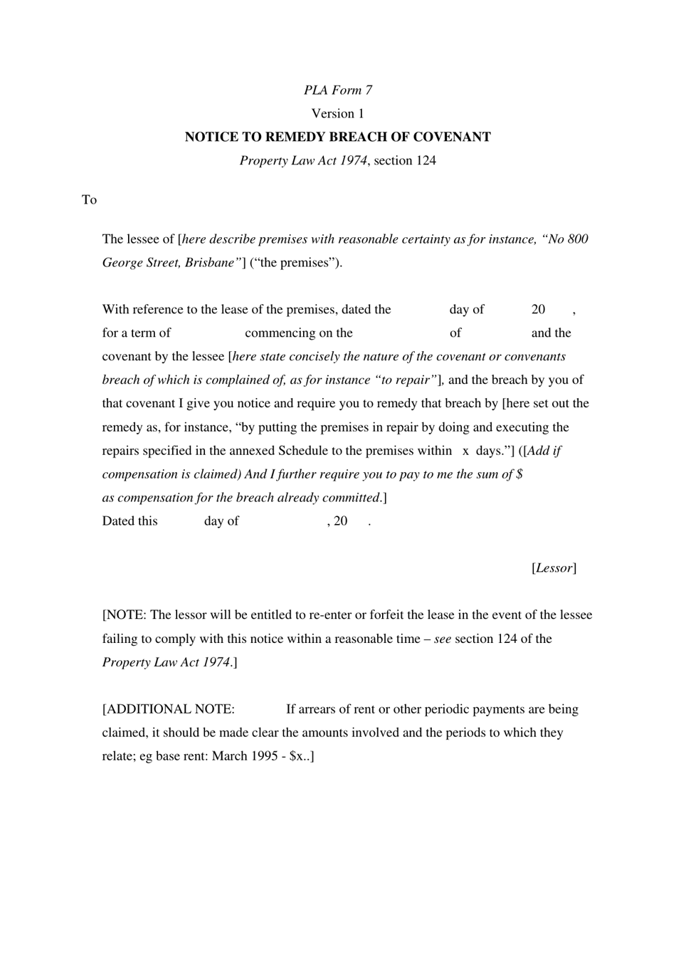 Form 7 Notice to Remedy Breach of Covenant - Queensland, Australia, Page 1