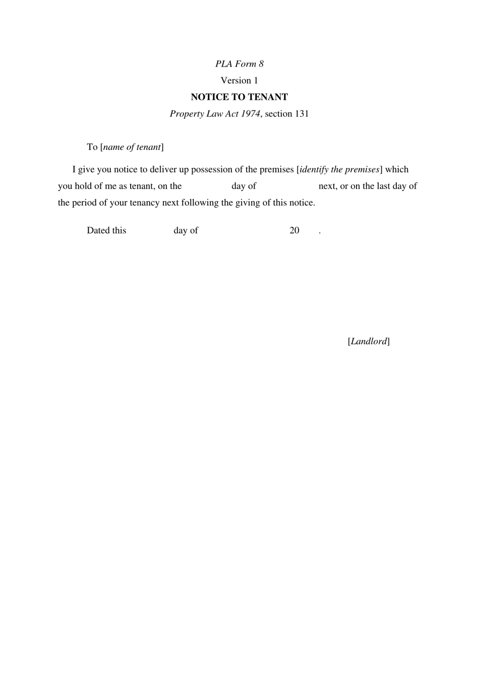 Form 8 Notice to Tenant - Queensland, Australia, Page 1