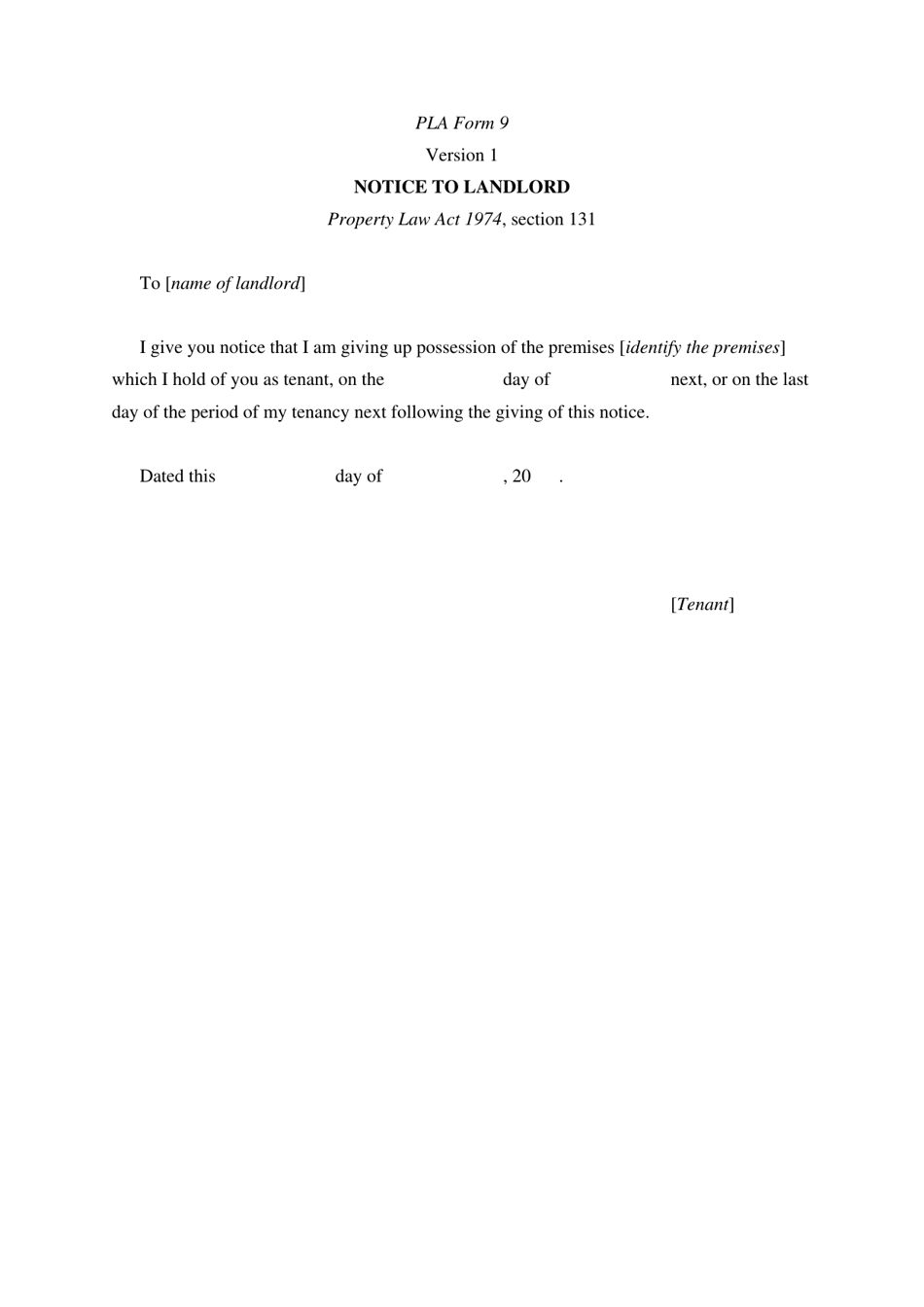 Form 9 Notice to Landlord - Queensland, Australia, Page 1