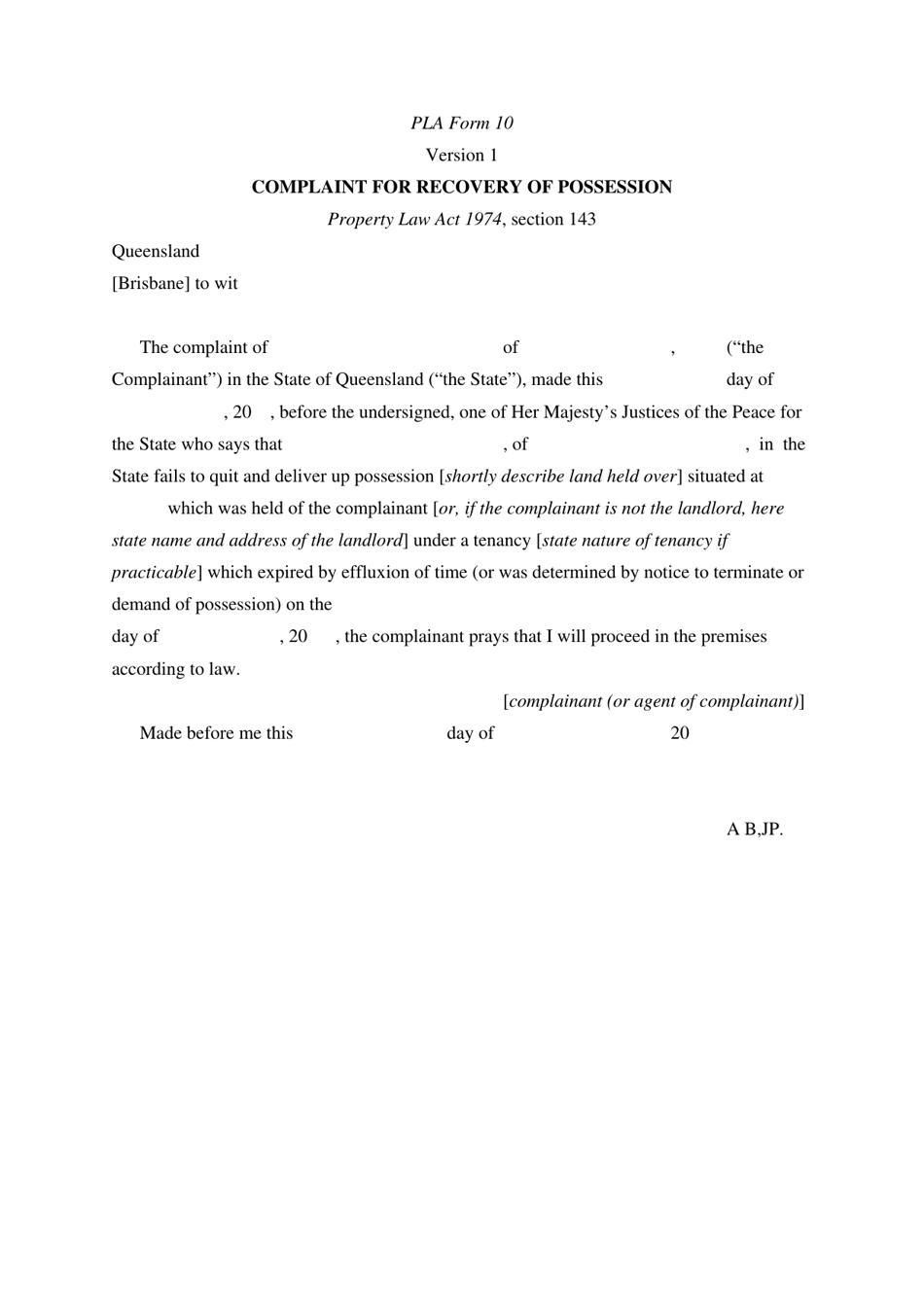 Form 10 Complaint for Recovery of Possession - Queensland, Australia, Page 1